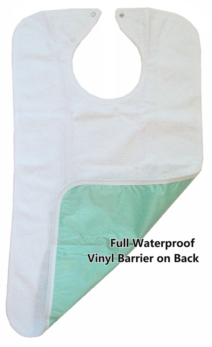 deluxe terry cloth adult bib with waterproof vinyl barrier